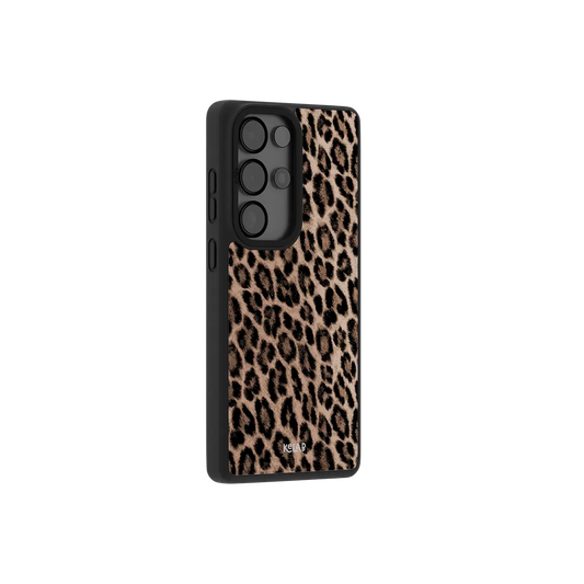 Brown leopard print Samsung Galaxy case at a side angle showing the wrapped button covers