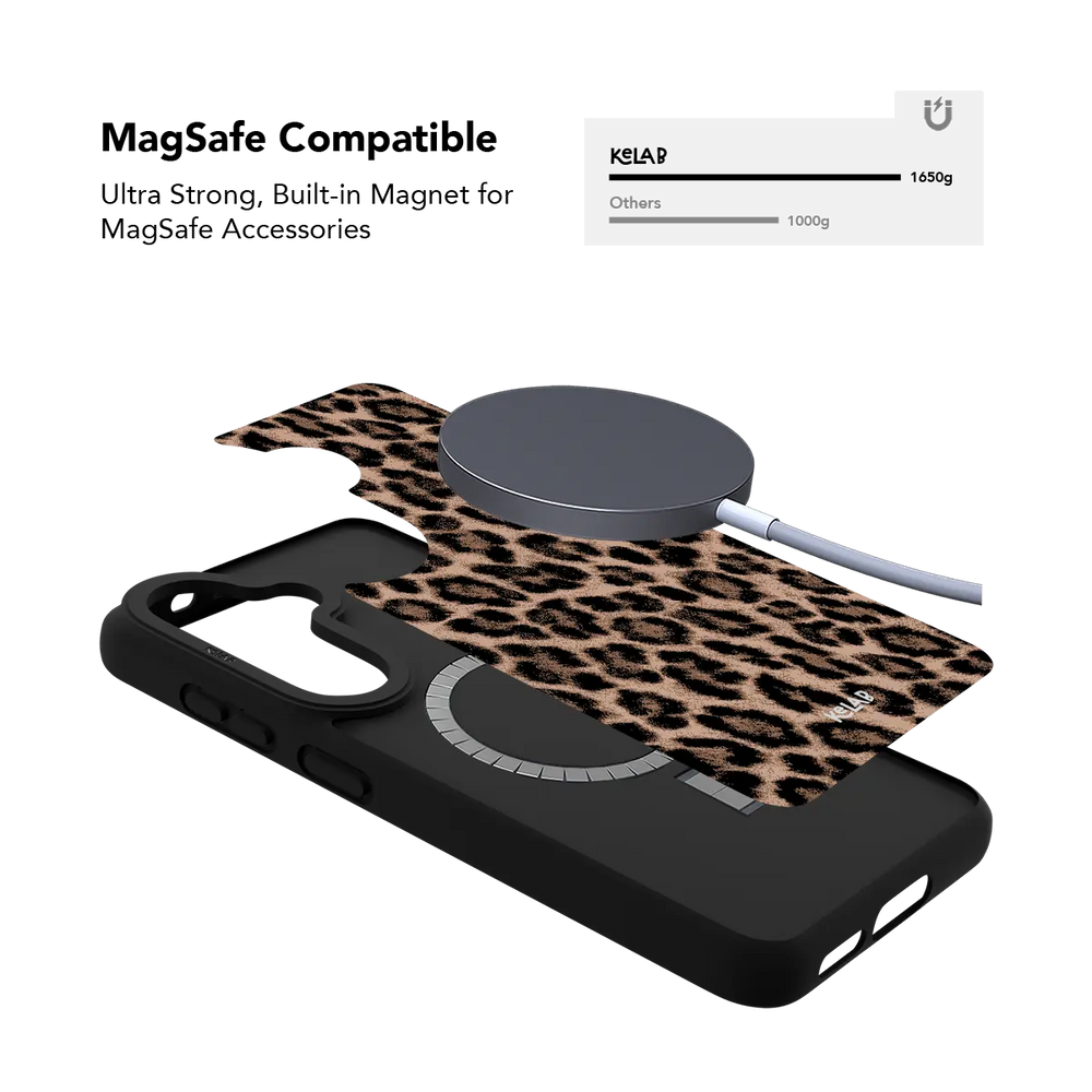 Brown leopard Samsung Galaxy case holding a magnetic wireless charger through the built in ring