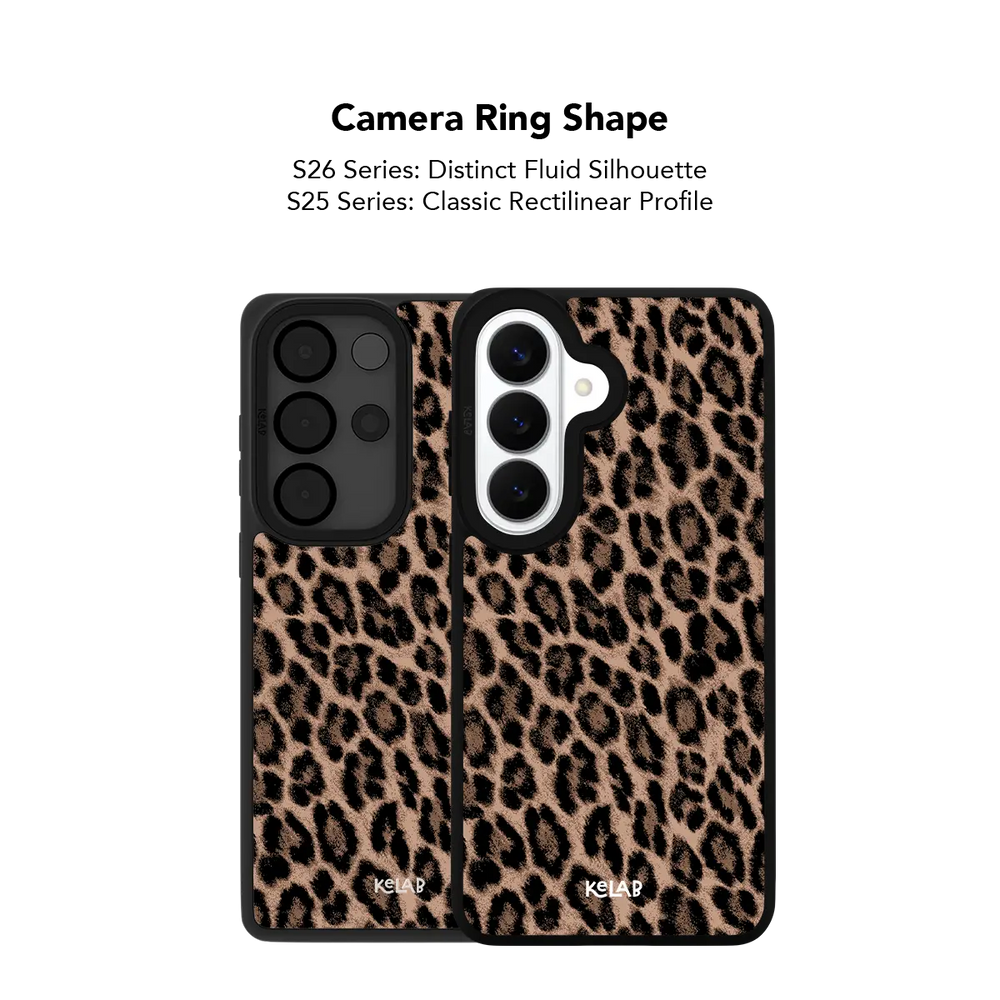 Close up of the camera ring cutout on the brown leopard print Samsung Galaxy case
