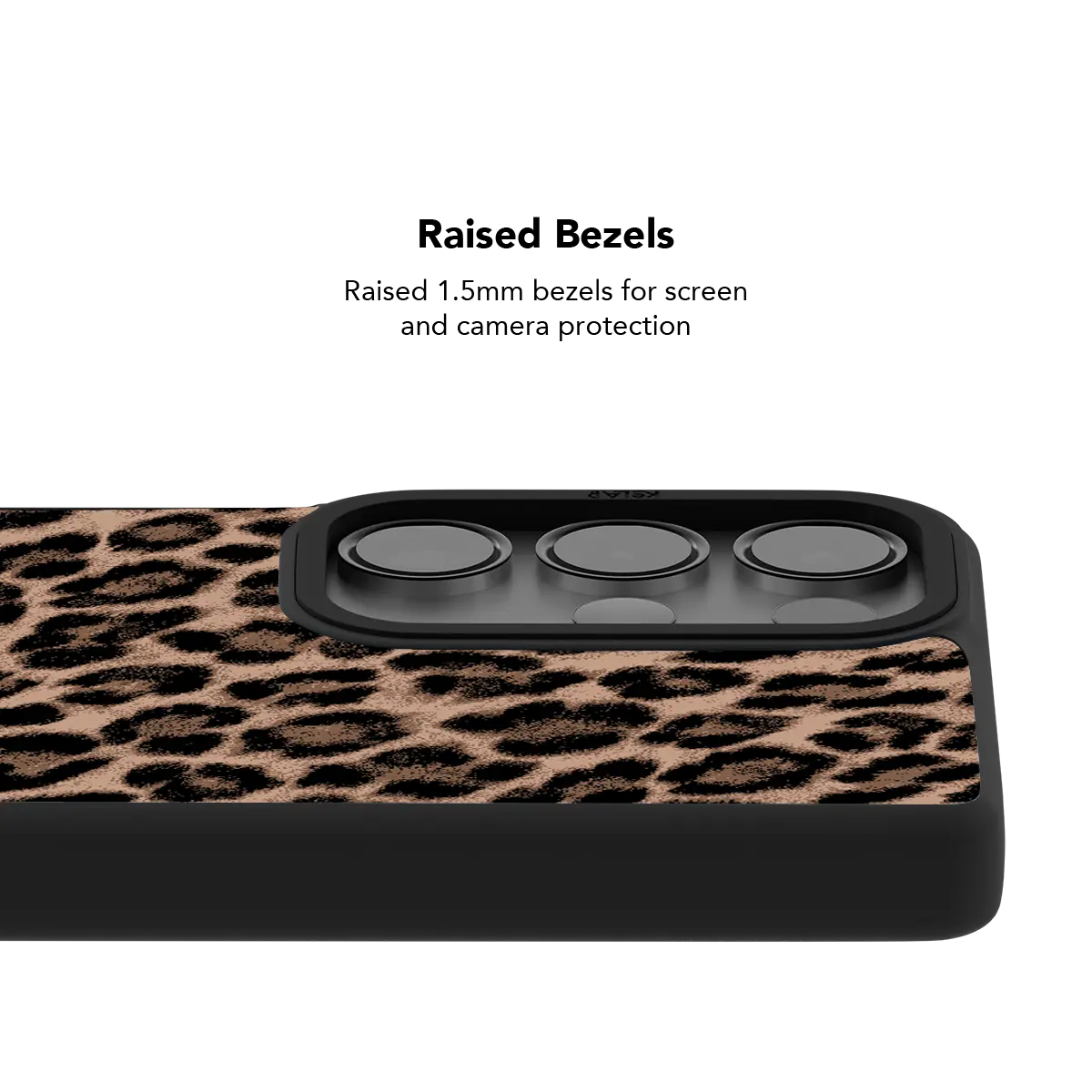 Raised bezel on the brown leopard Galaxy case lifting the camera lenses clear of a flat surface