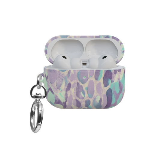 Lilac Leopard airpods pro case front view with open lid and keychain