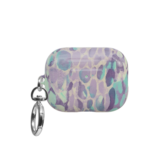Lilac Leopard airpods pro case front view with closed lid and keychain