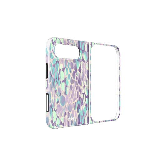 Lilac Leopard Print, Pastel Purple iPhone 18 Fold Case, unfolded side view showing the hinge