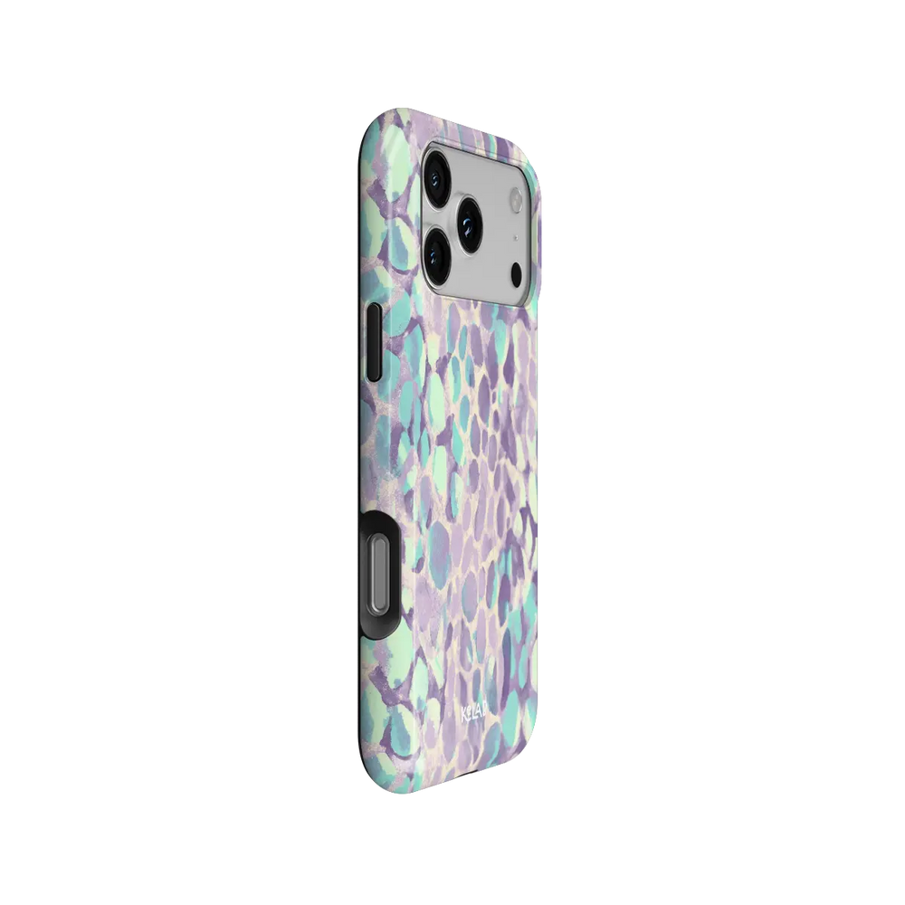 Wild Sugar lilac leopard print Tough iPhone case at a side angle showing the pattern wrapped around buttons.