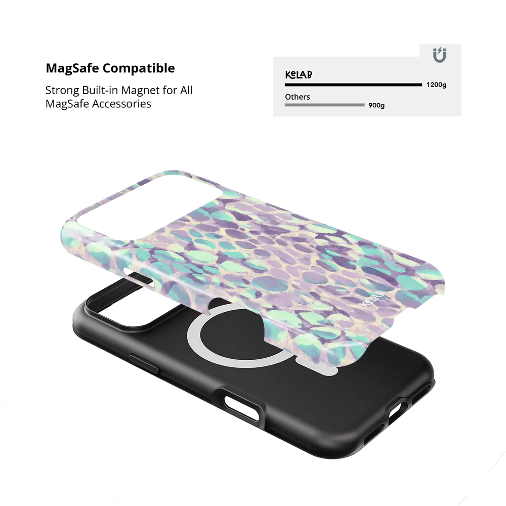 Wild Sugar lilac leopard print Tough iPhone case with built-in strong MagSafe magnets.