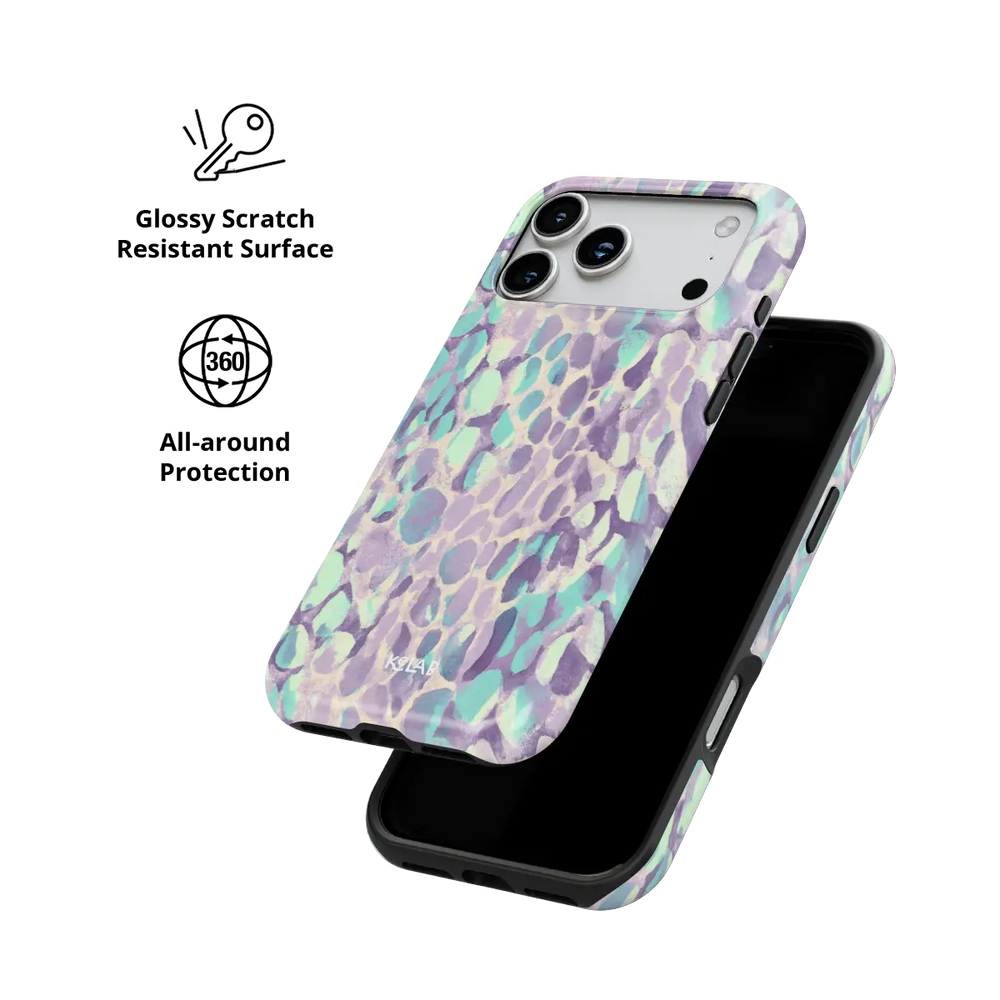 Wild Sugar lilac leopard print Tough iPhone case with glossy, scratch resistant all-around protection.