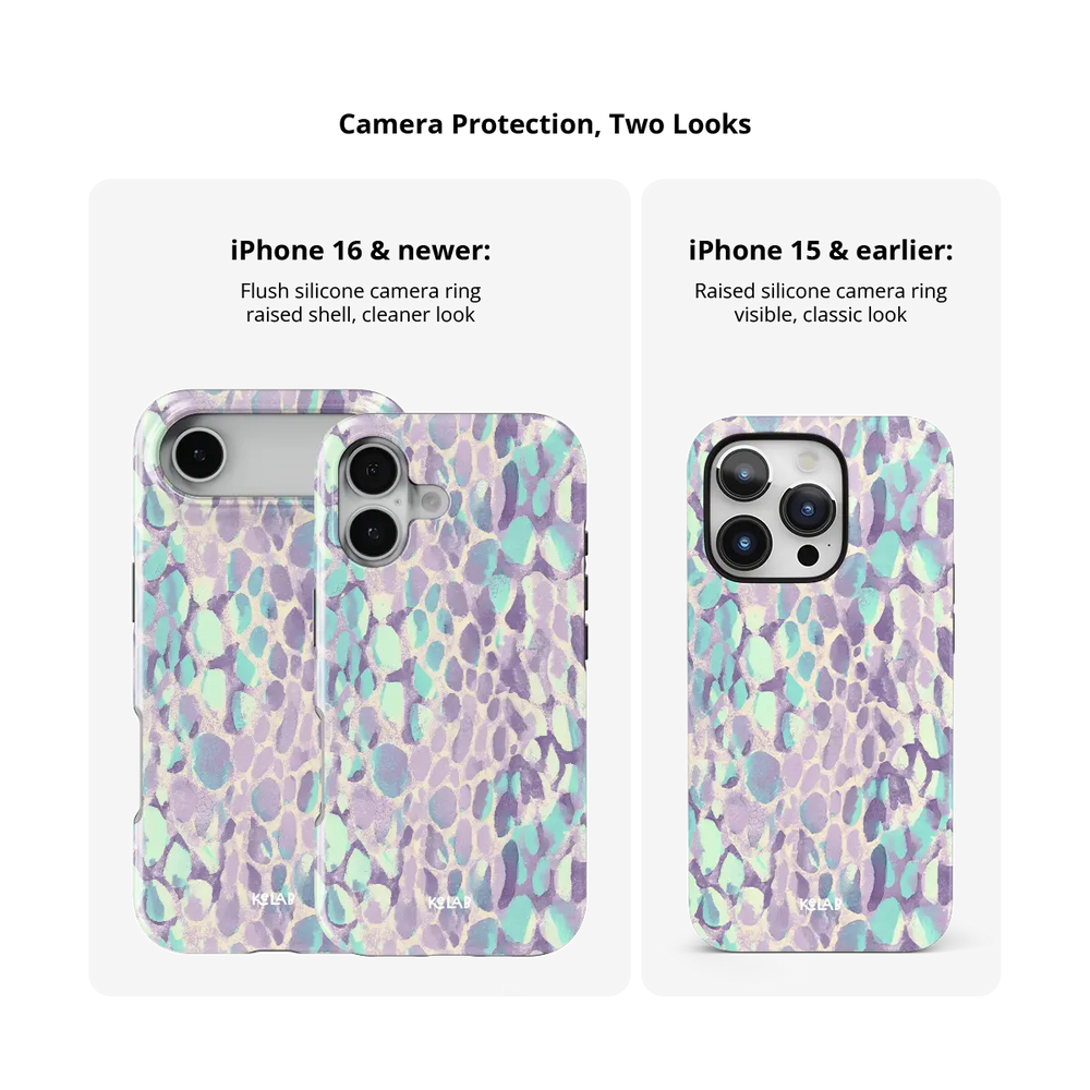 Wild Sugar lilac leopard print Tough iPhone case camera protection compared across iPhone models.
