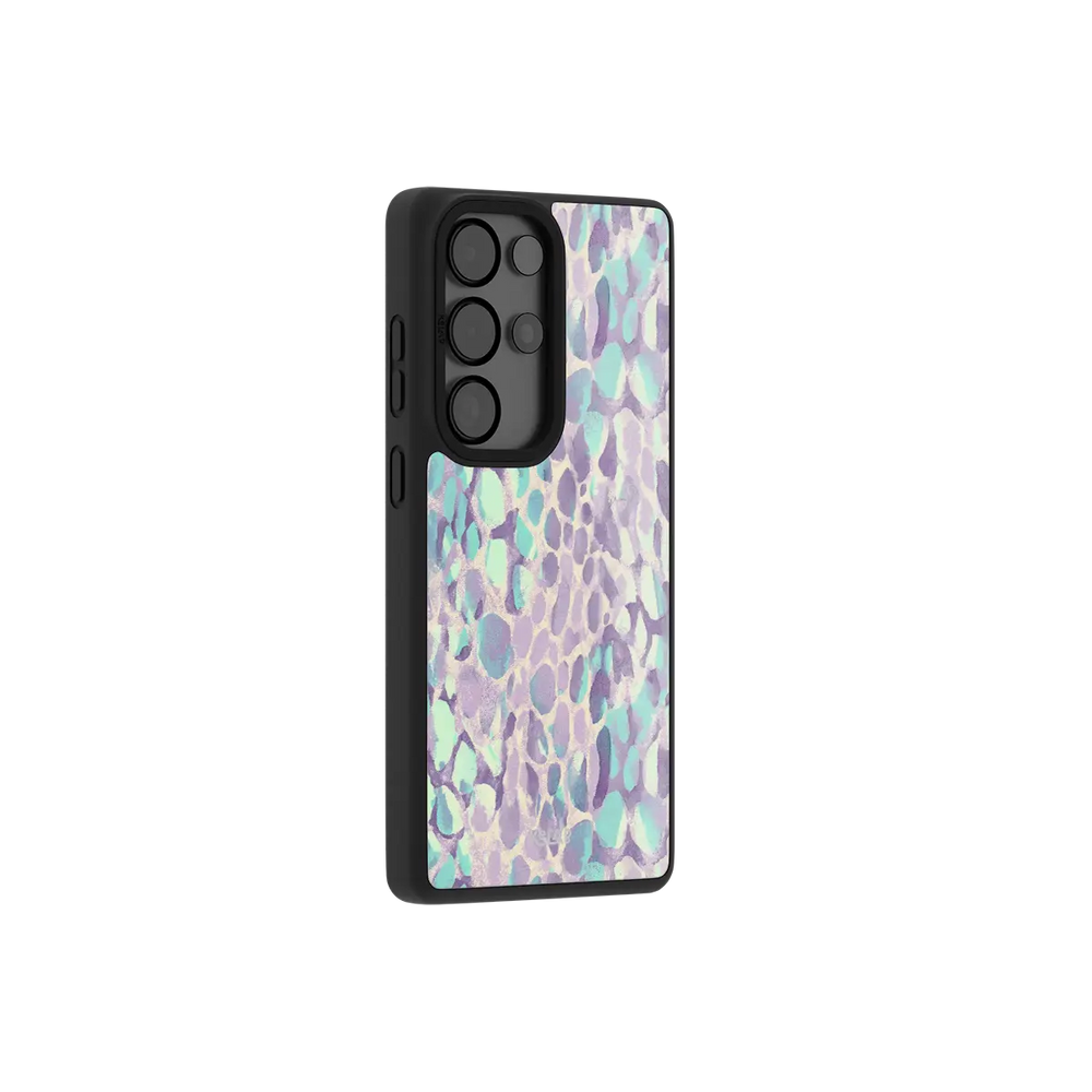 Wild Sugar lilac leopard print Samsung Galaxy case at a side angle showing the wrapped button covers.
