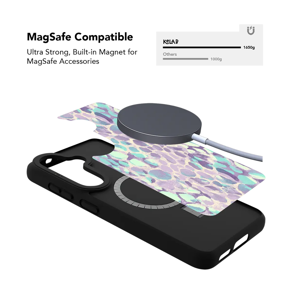 Wild Sugar lilac leopard print Samsung Galaxy case holding a magnetic wireless charger through the built in ring.