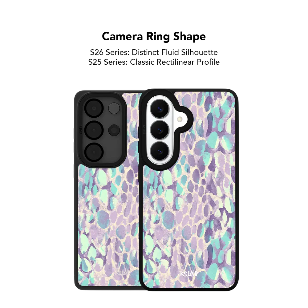 Close up of the camera ring cutout on the Wild Sugar lilac leopard print Samsung Galaxy case.