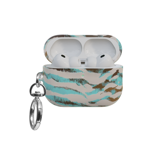 Turquoise Tiger Print airpods pro case front view with open lid and keychain