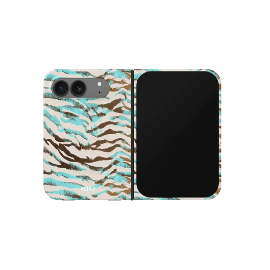 Turquoise Tiger Print, Blue Stripe iPhone 18 Fold Case, unfolded front view
