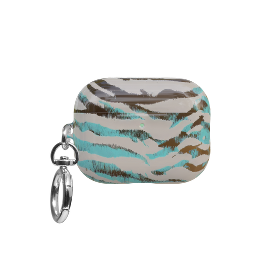 Turquoise Tiger Print airpods pro case front view with closed lid and keychain