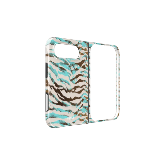 Turquoise Tiger Print, Blue Stripe iPhone 18 Fold Case, unfolded side view showing the hinge