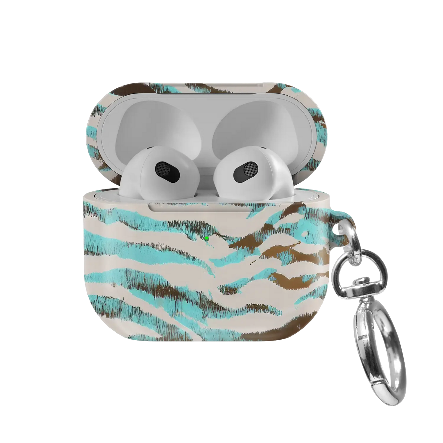 Wild Current | Turquoise Tiger Print AirPods Case - front view with open lid