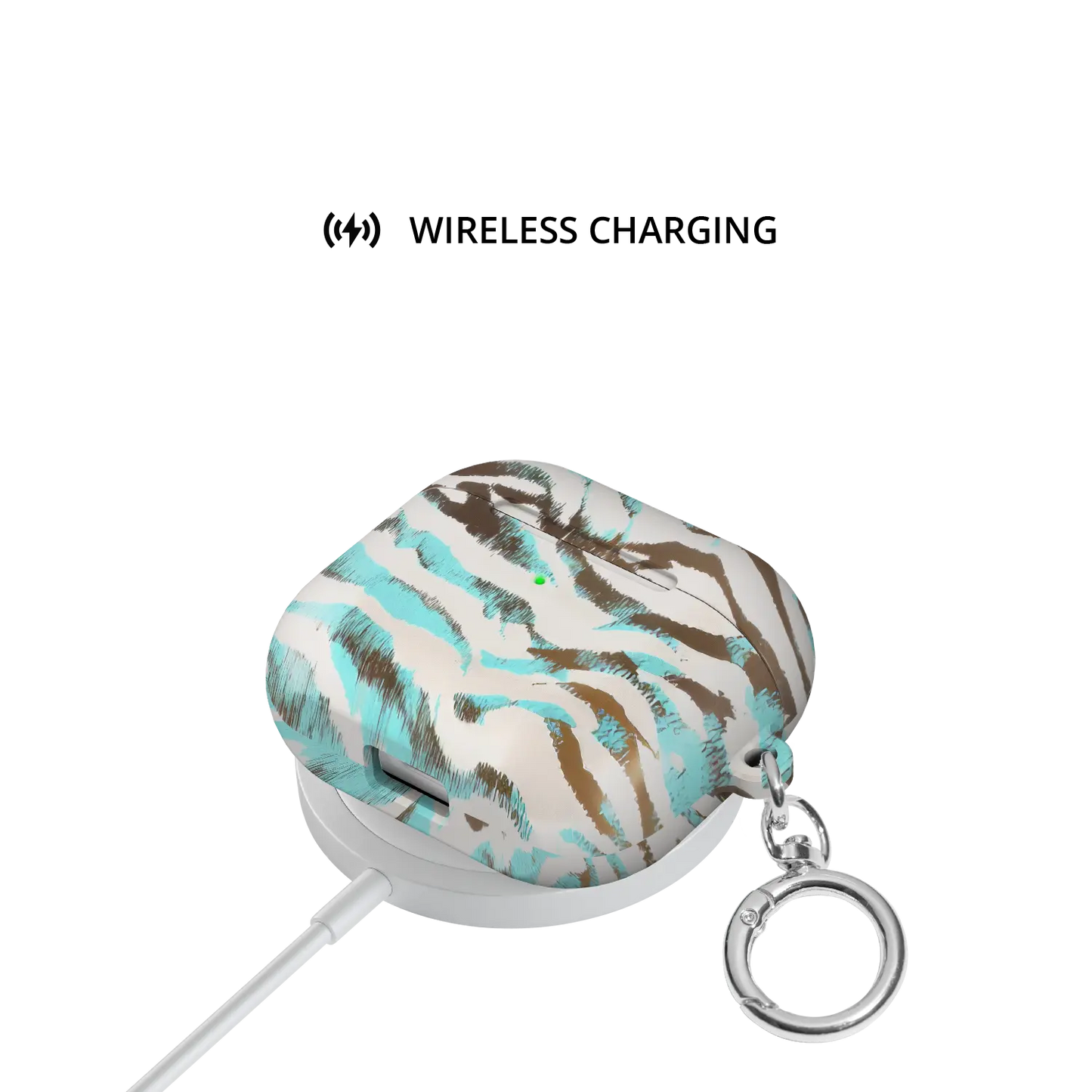 Wild Current | Turquoise Tiger Print AirPods Case - shown on wireless charger