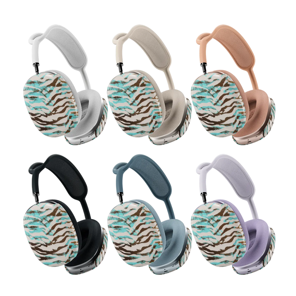 Wild Current turquoise tiger AirPods Max covers shown across the full colorway lineup.