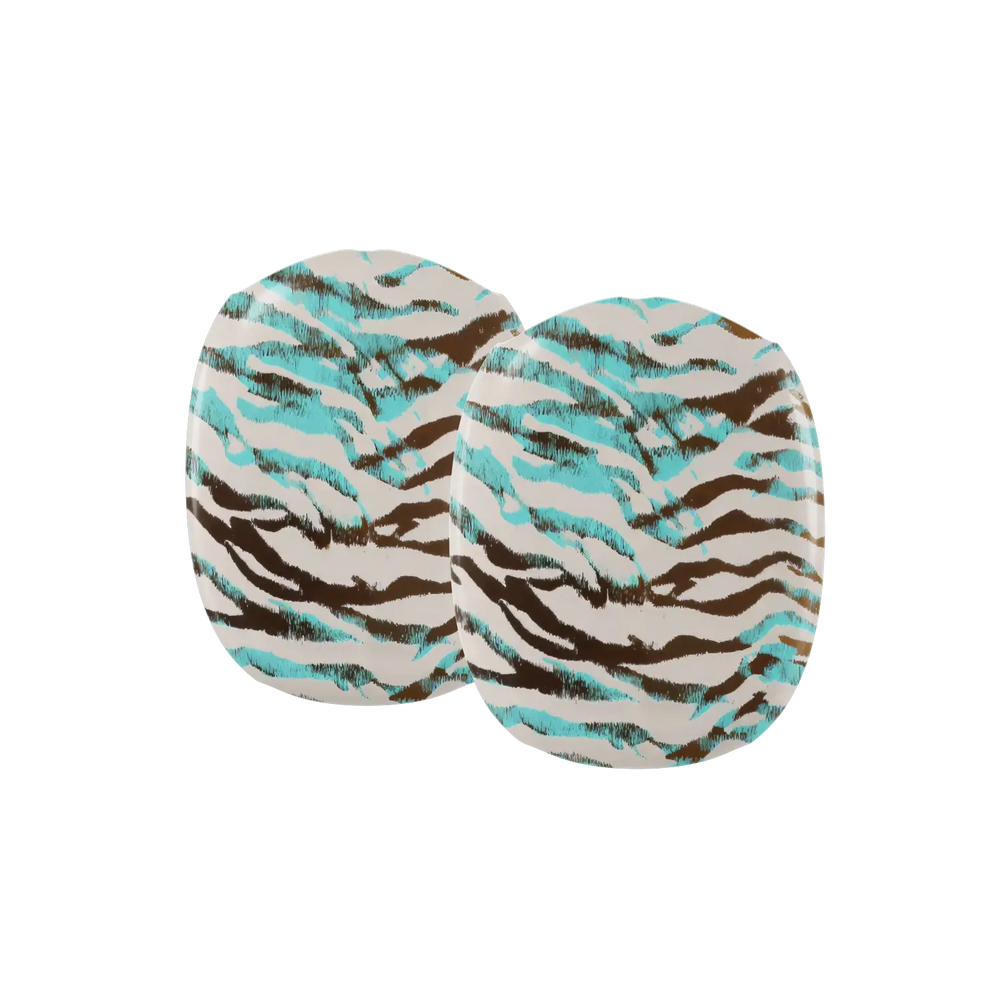 Close up detail of turquoise and espresso tiger stripes on an AirPods Max earcup cover.