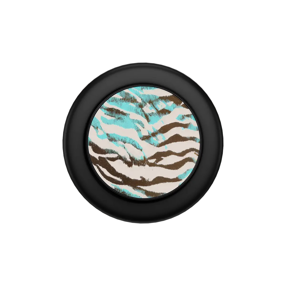 Wild Current turquoise tiger print MagSafe phone grip with black ring folded flat, top down view.