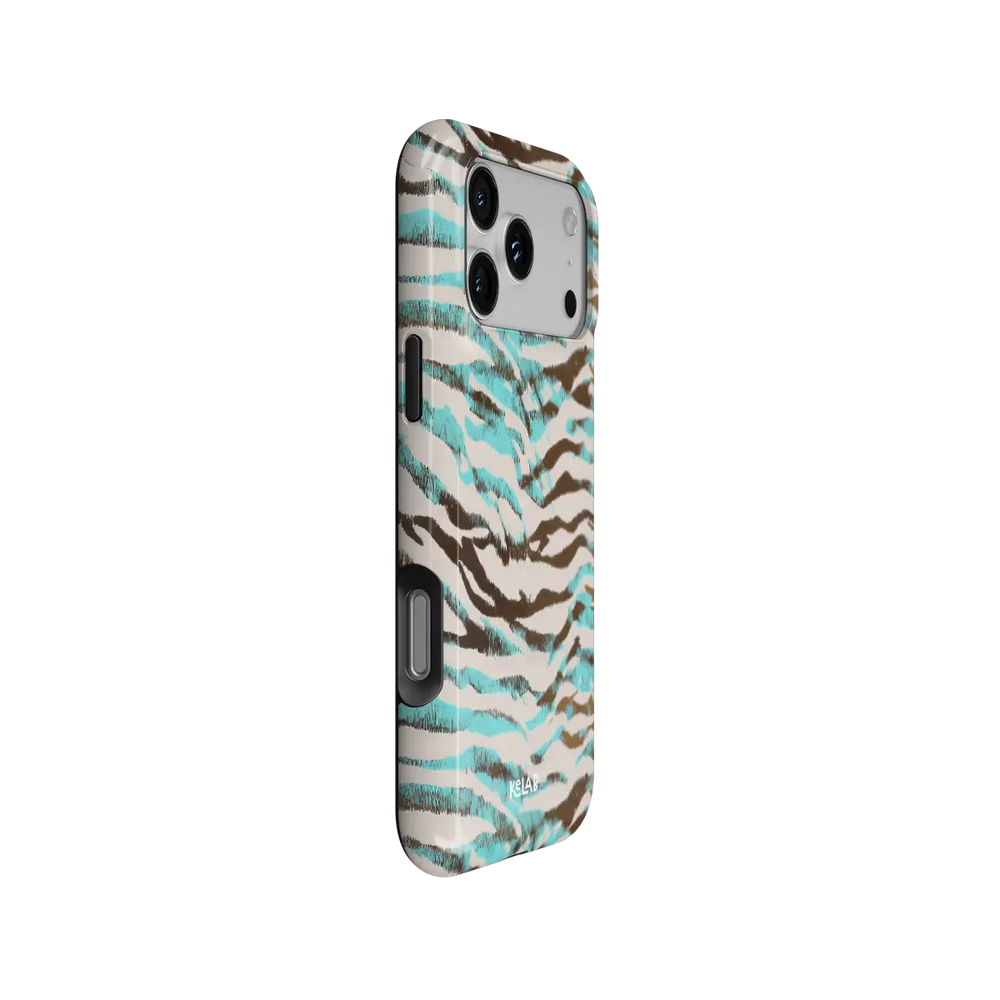 Wild Current turquoise tiger print Tough iPhone case at a side angle showing the pattern wrapped around buttons.