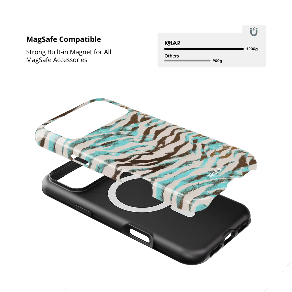 Wild Current turquoise tiger print Tough iPhone case with built-in strong MagSafe magnets.