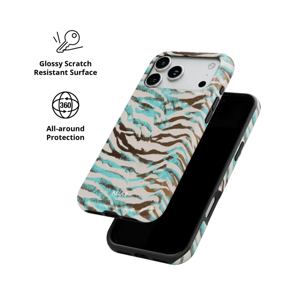 Wild Current turquoise tiger print Tough iPhone case with glossy, scratch resistant all-around protection.