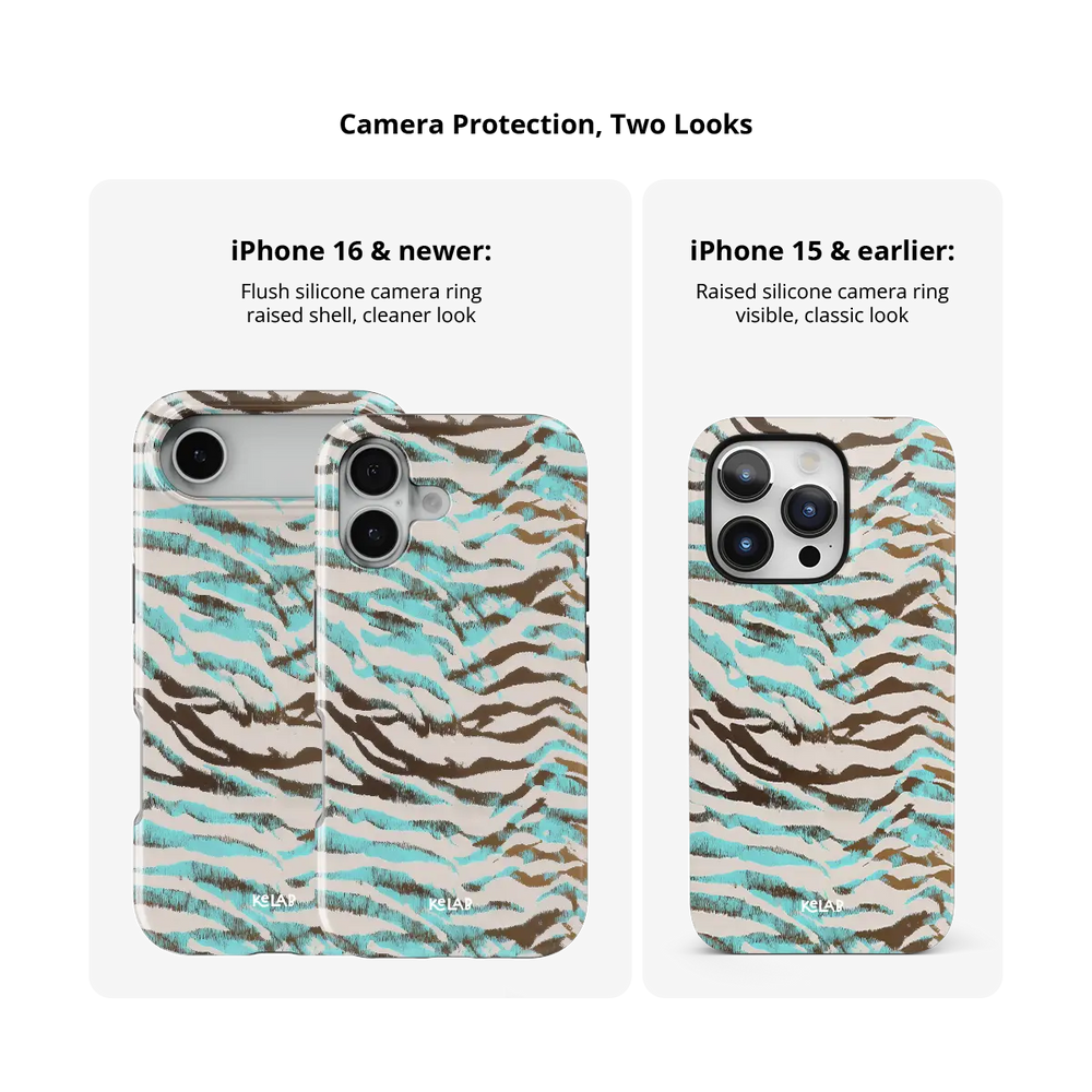 Wild Current turquoise tiger print Tough iPhone case camera protection compared across iPhone models.
