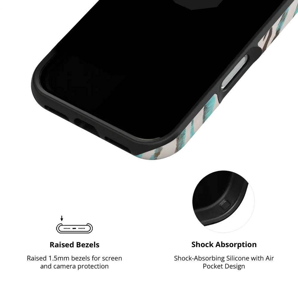 Wild Current turquoise tiger print Tough iPhone case with raised bezel and shock absorbing liner.