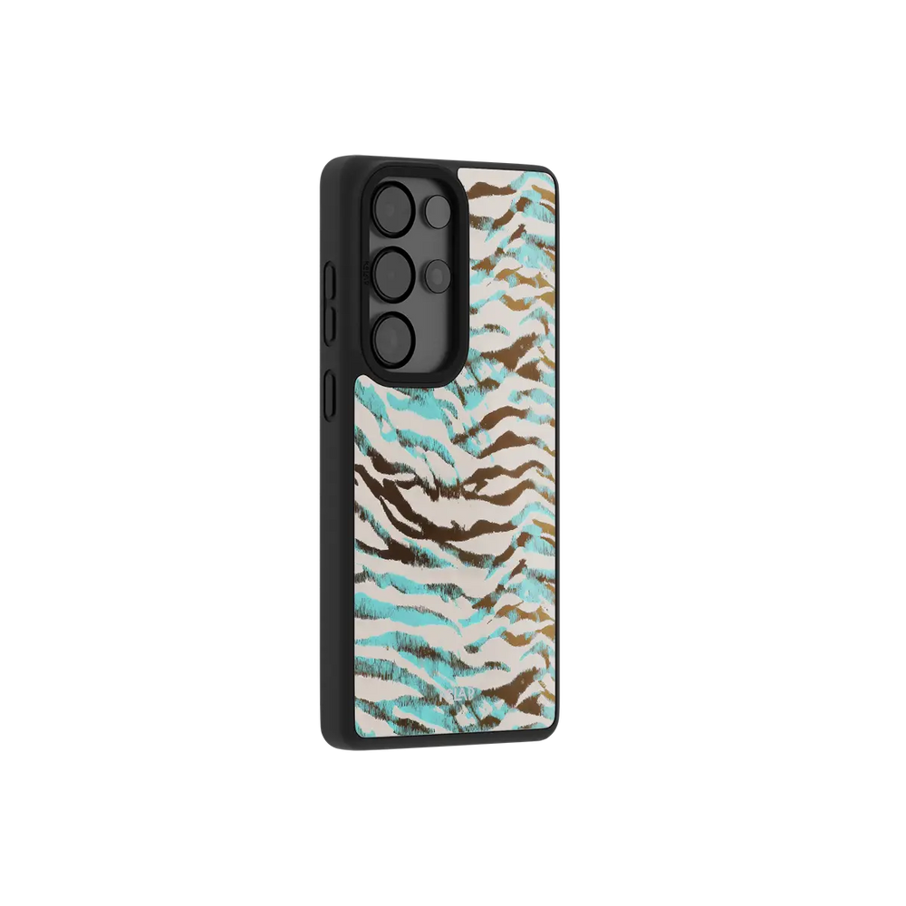 Wild Current turquoise tiger print Samsung Galaxy case at a side angle showing the wrapped button covers.