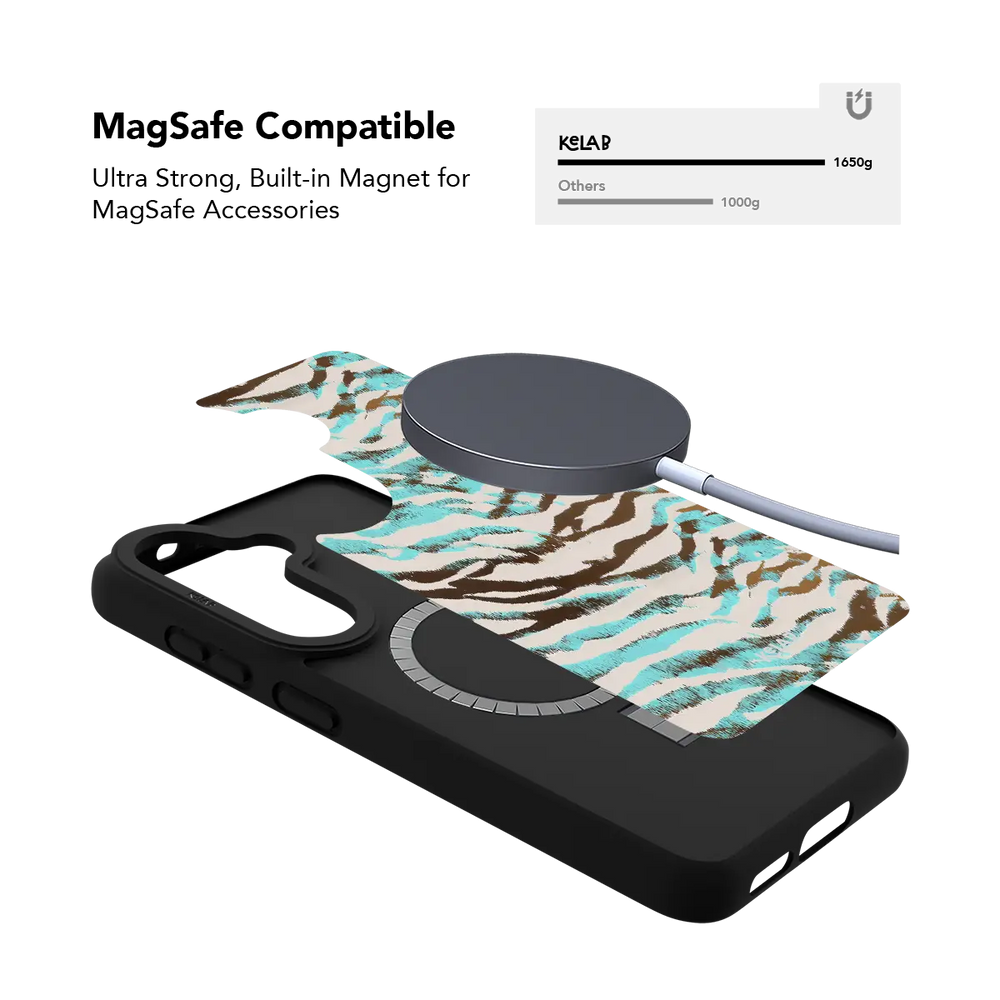 Wild Current turquoise tiger print Samsung Galaxy case holding a magnetic wireless charger through the built in ring.