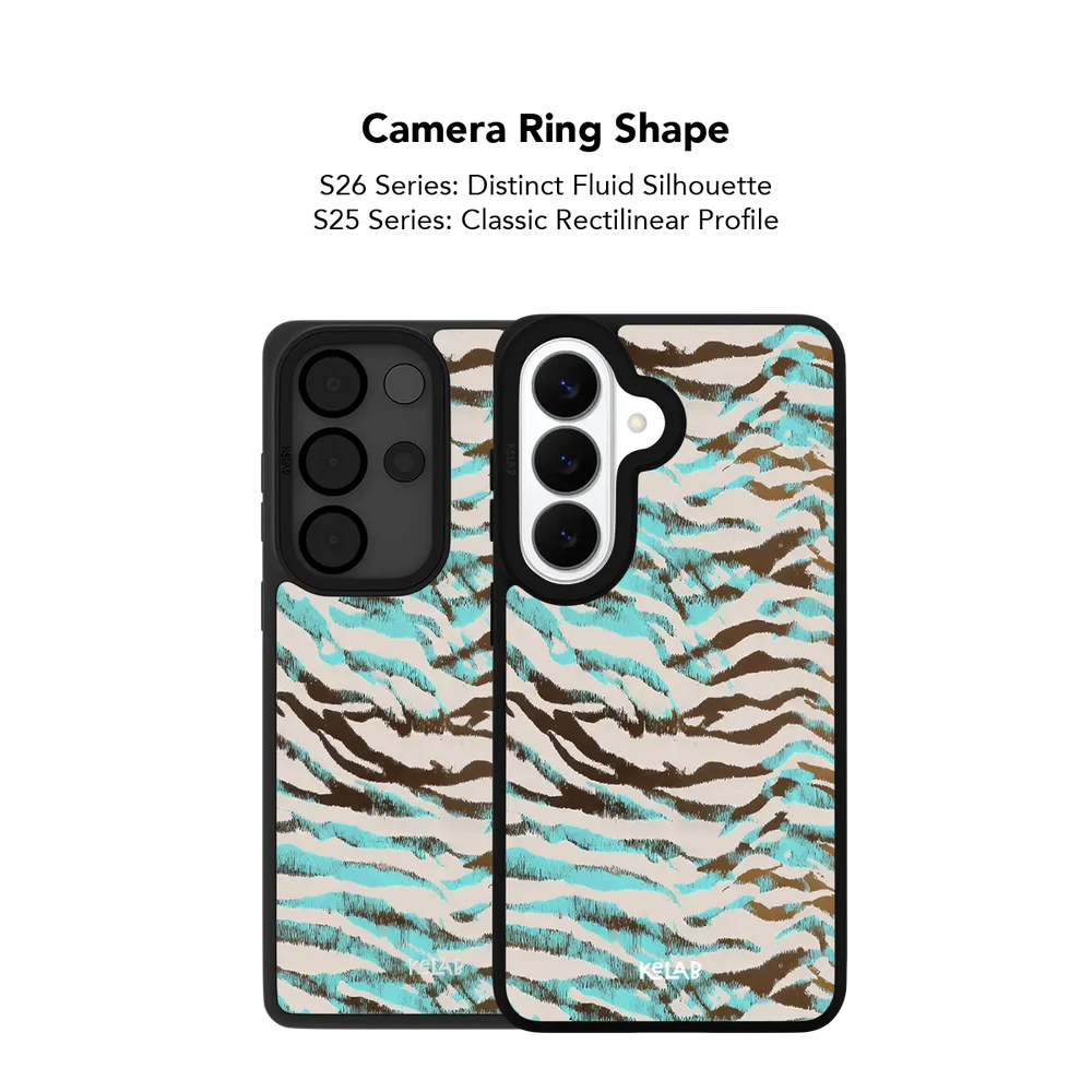 Close up of the camera ring cutout on the Wild Current turquoise tiger print Samsung Galaxy case.