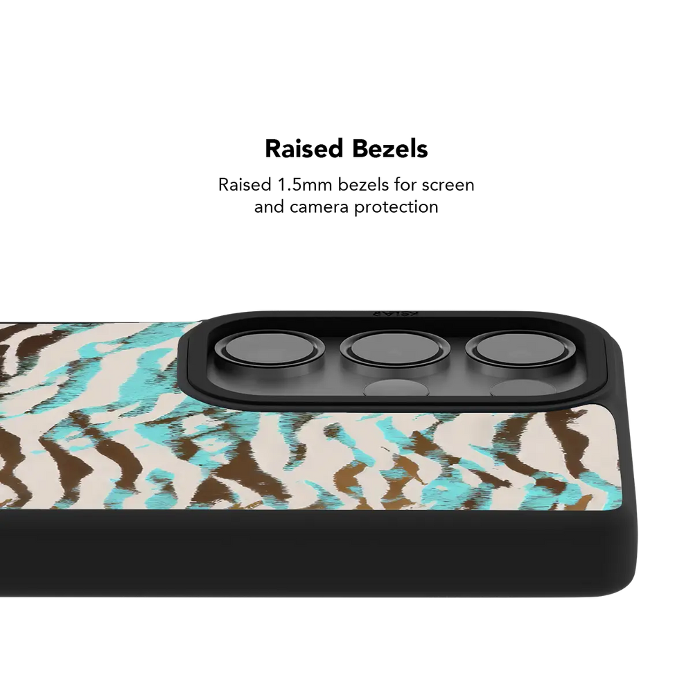 Raised bezel on the Wild Current turquoise tiger Galaxy case lifting the camera lenses clear of a flat surface.