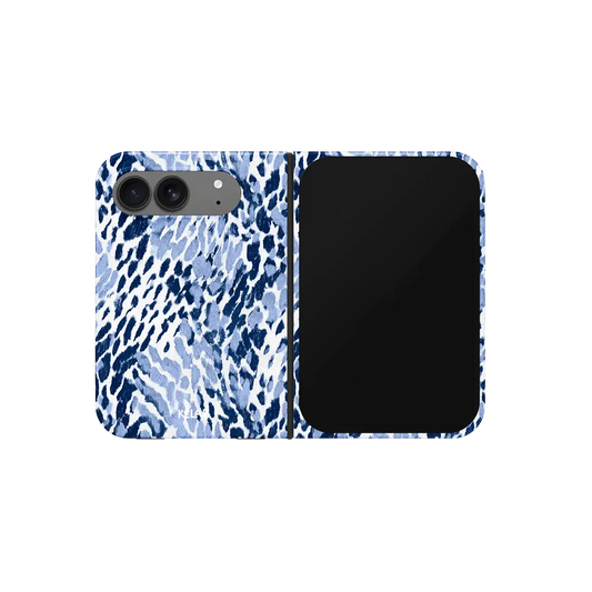 Navy Leopard Print, Dark Blue Ikat iPhone 18 Fold Case, unfolded front view