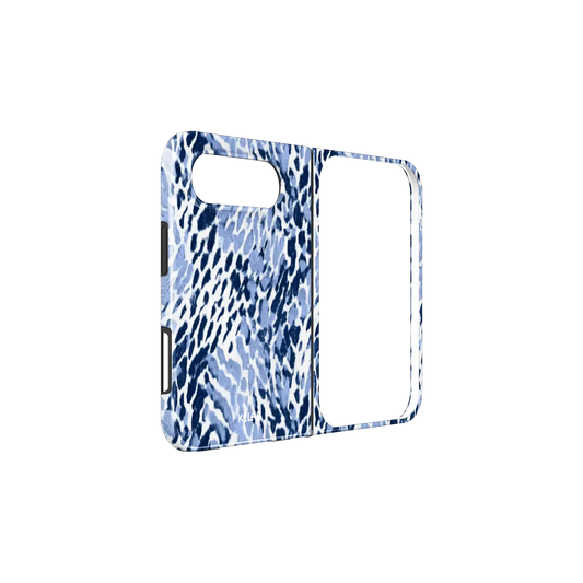 Navy Leopard Print, Dark Blue Ikat iPhone 18 Fold Case, unfolded side view showing the hinge