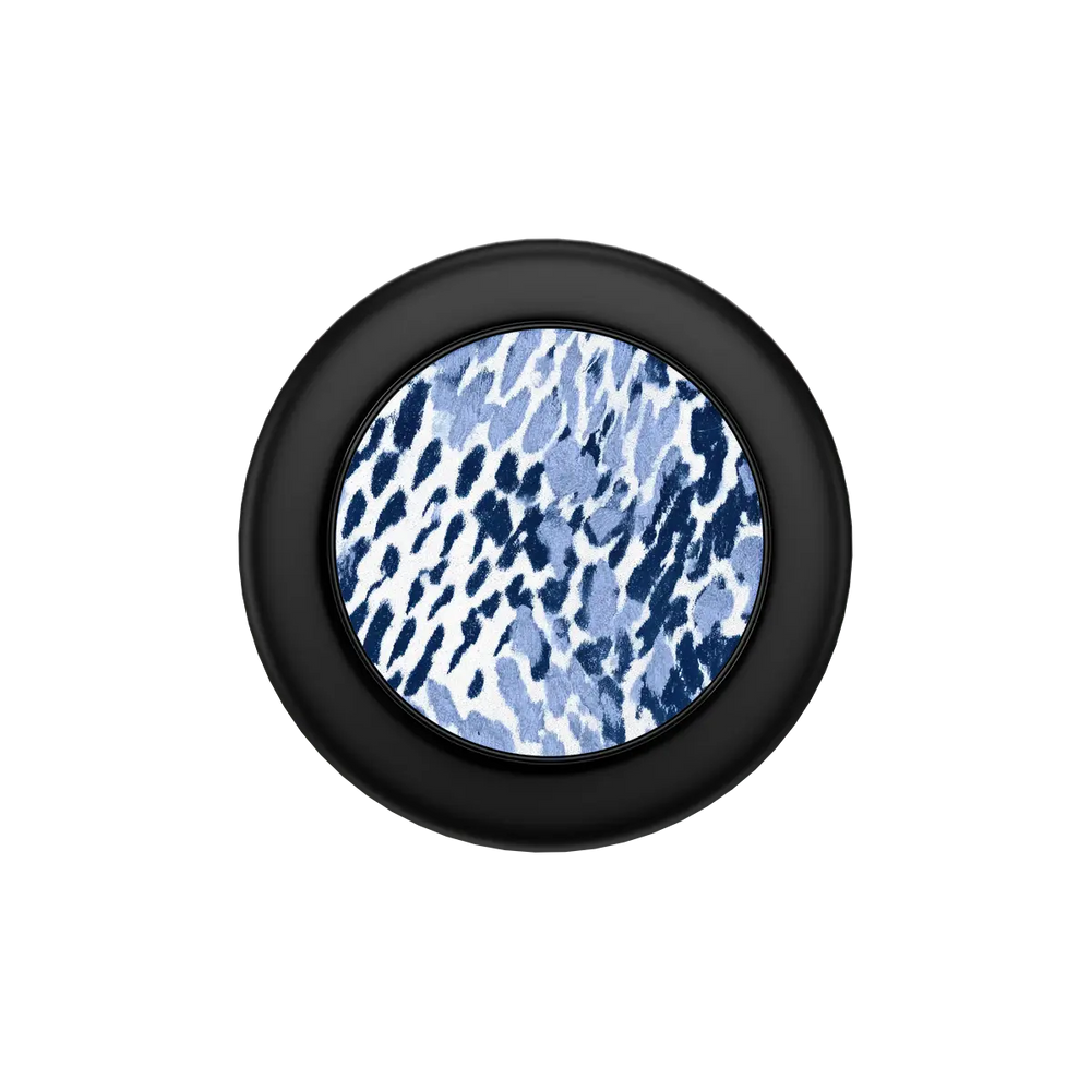 Indigo Glaze navy leopard print MagSafe phone grip with black ring folded flat, top down view.