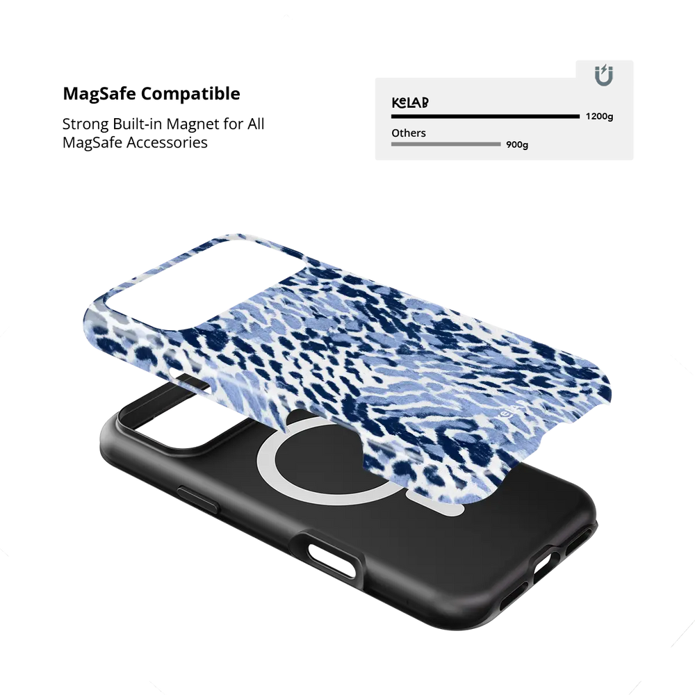 Indigo Glaze navy leopard print Tough iPhone case with built-in strong MagSafe magnets.