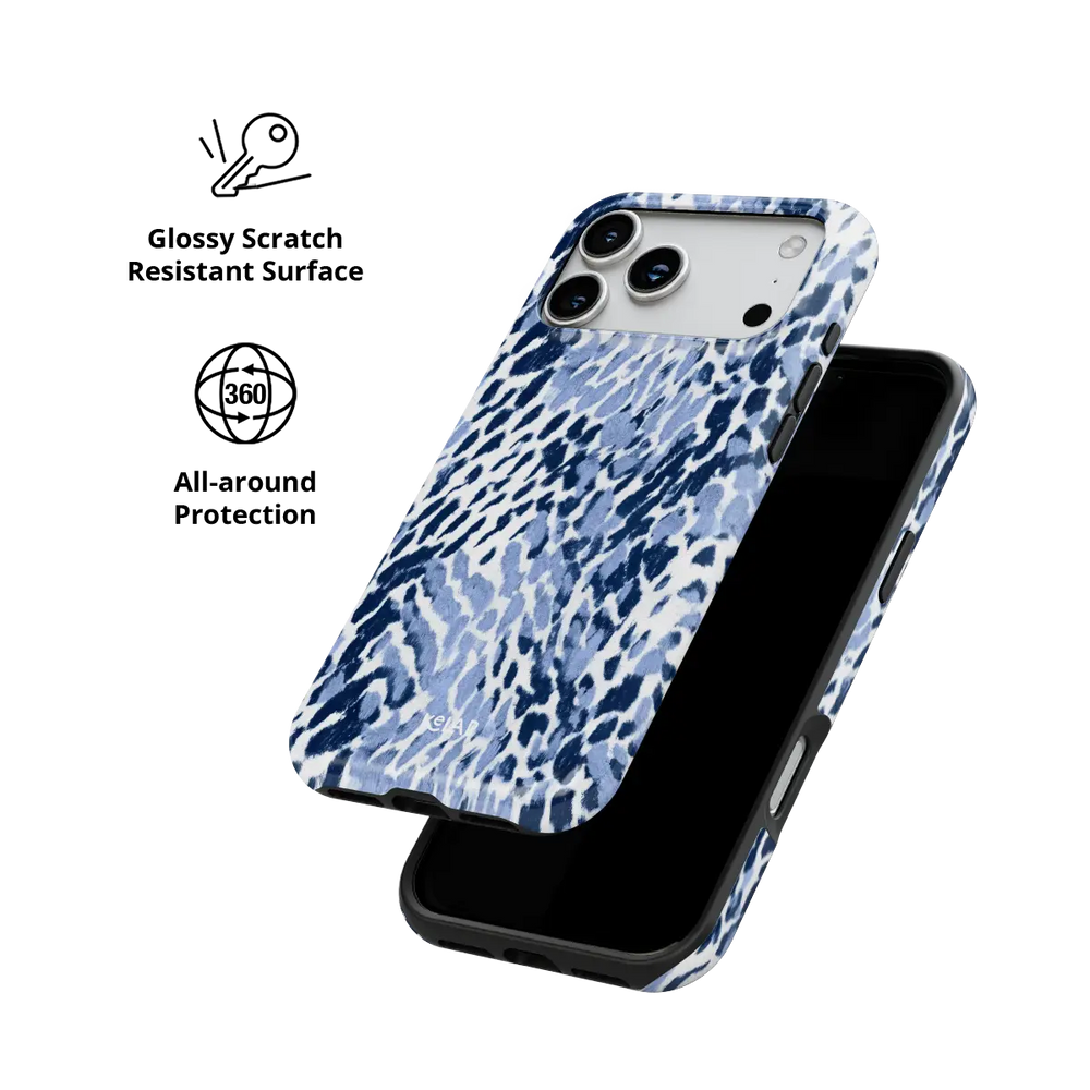 Indigo Glaze navy leopard print Tough iPhone case with glossy, scratch resistant all-around protection.
