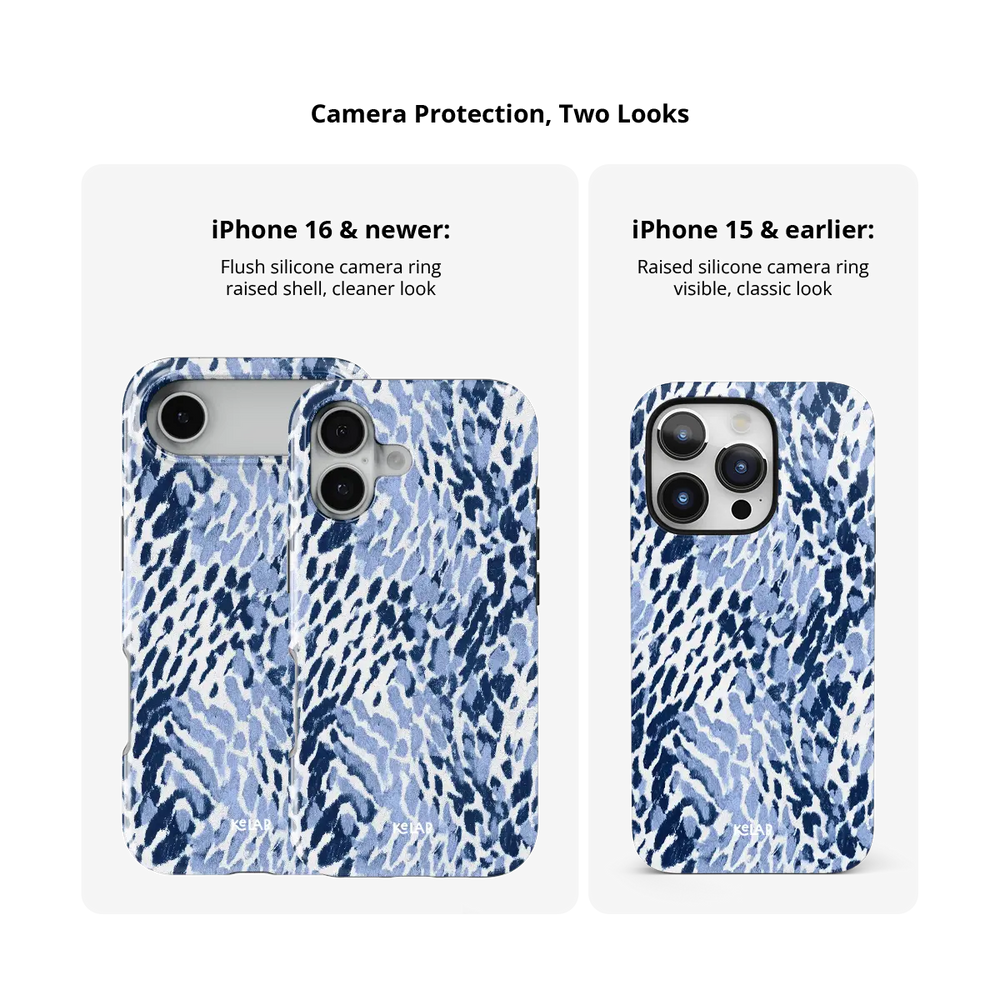 Indigo Glaze navy leopard print Tough iPhone case camera protection compared across iPhone models.
