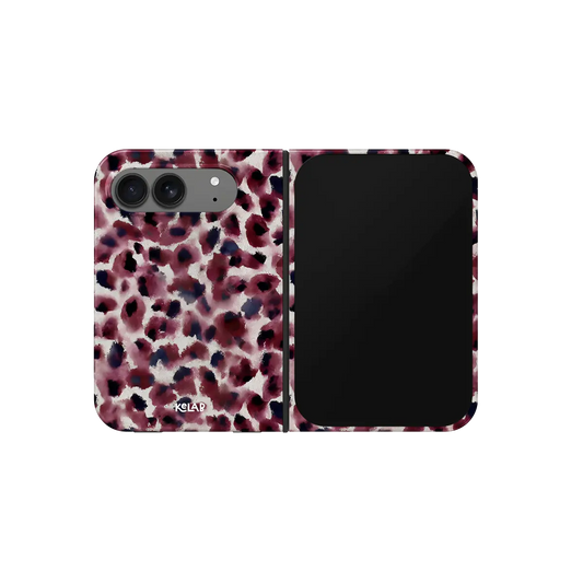 Dark Red Cheetah Print, Wine Spots iPhone 18 Fold Case, unfolded front view