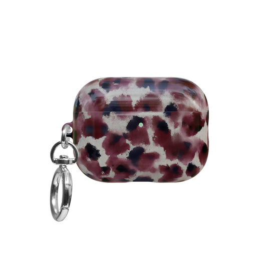 Dark Red Cheetah airpods pro case front view with closed lid and keychain