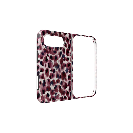 Dark Red Cheetah Print, Wine Spots iPhone 18 Fold Case, unfolded side view showing the hinge