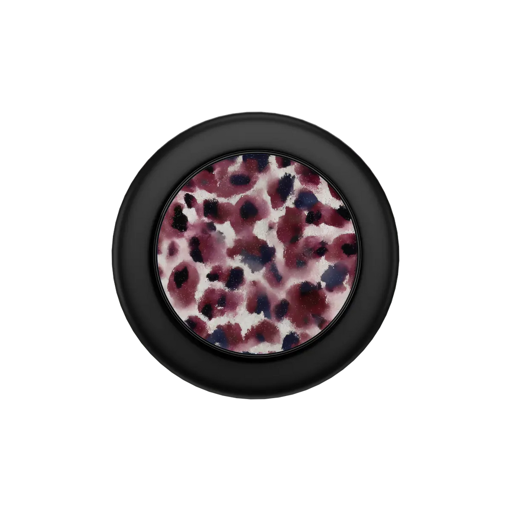 Bitten dark red cheetah print MagSafe phone grip with black ring folded flat, top down view.