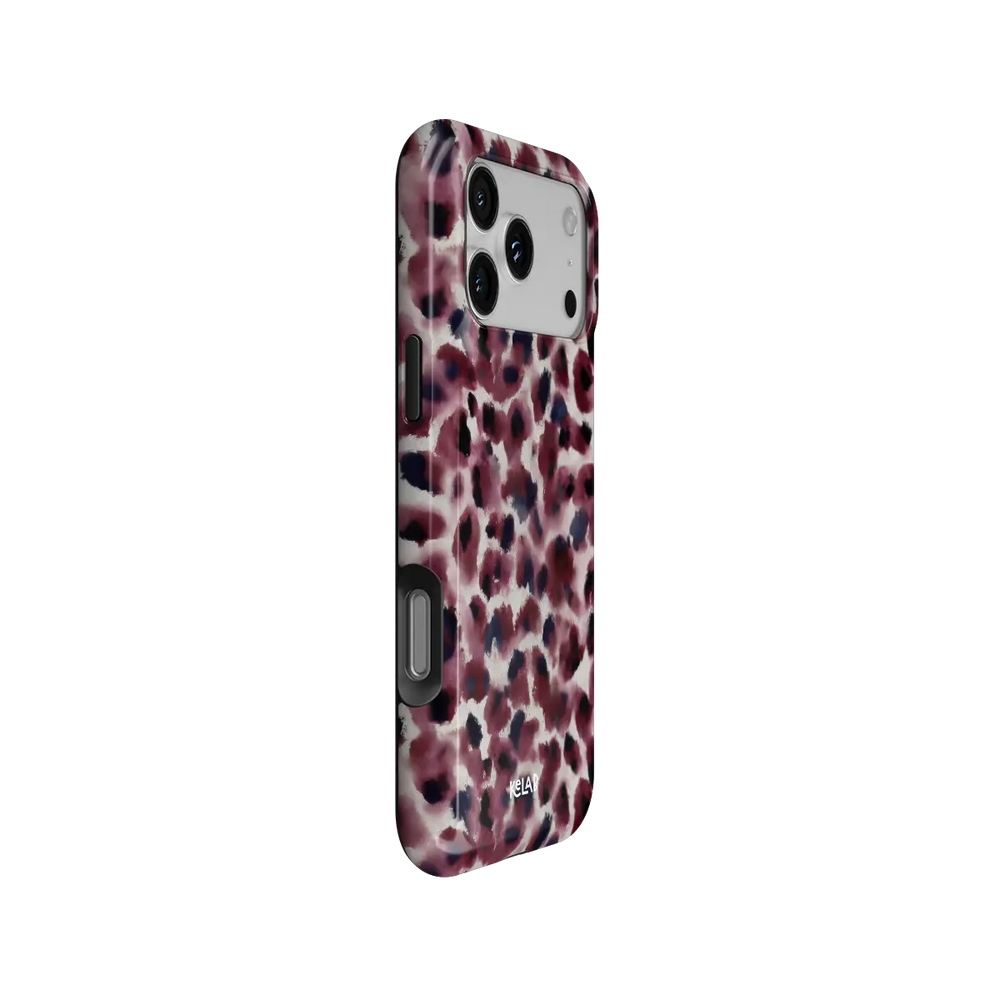 Bitten dark red cheetah print Tough iPhone case at a side angle showing the pattern wrapped around buttons.