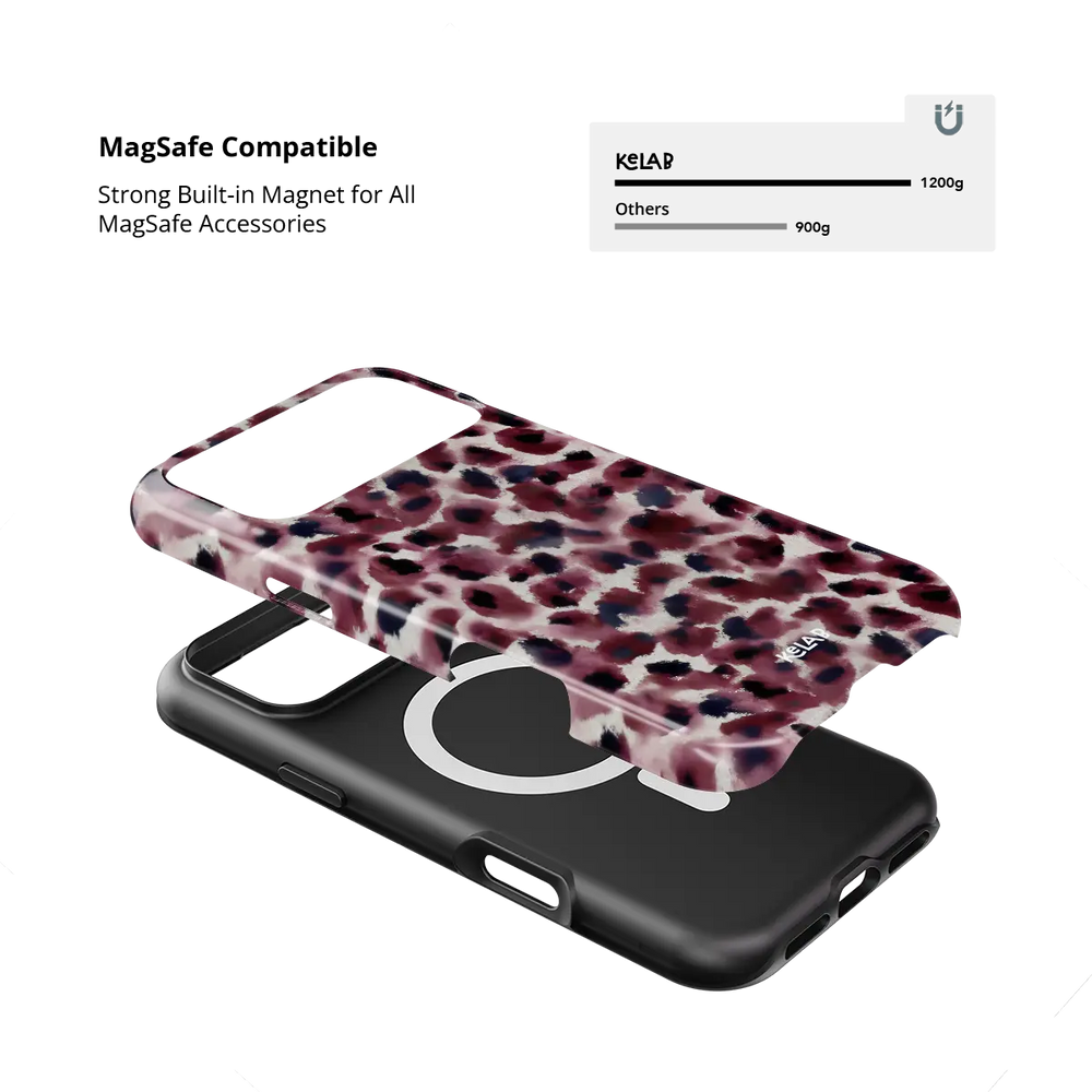 Bitten dark red cheetah print Tough iPhone case with built-in strong MagSafe magnets.