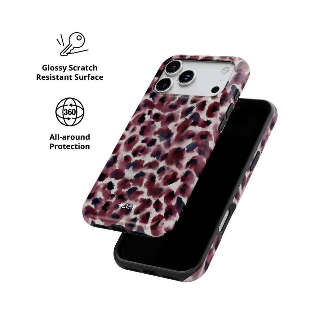 Bitten dark red cheetah print Tough iPhone case with glossy, scratch resistant all-around protection.