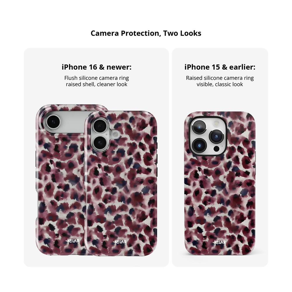 Bitten dark red cheetah print Tough iPhone case camera protection compared across iPhone models.