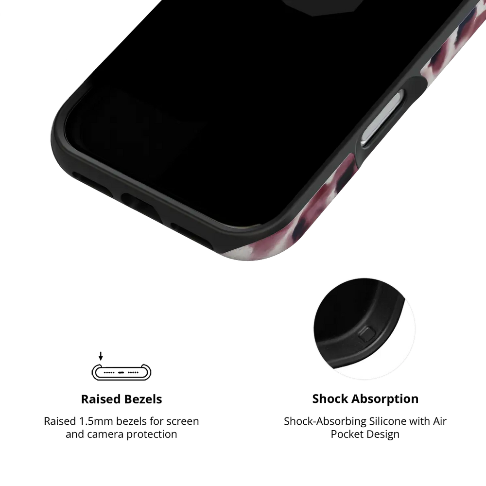 Bitten dark red cheetah print Tough iPhone case with raised bezel and shock absorbing liner.