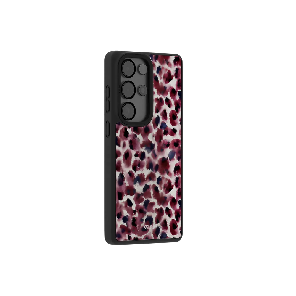 Bitten dark red cheetah print Samsung Galaxy case at a side angle showing the wrapped button covers.