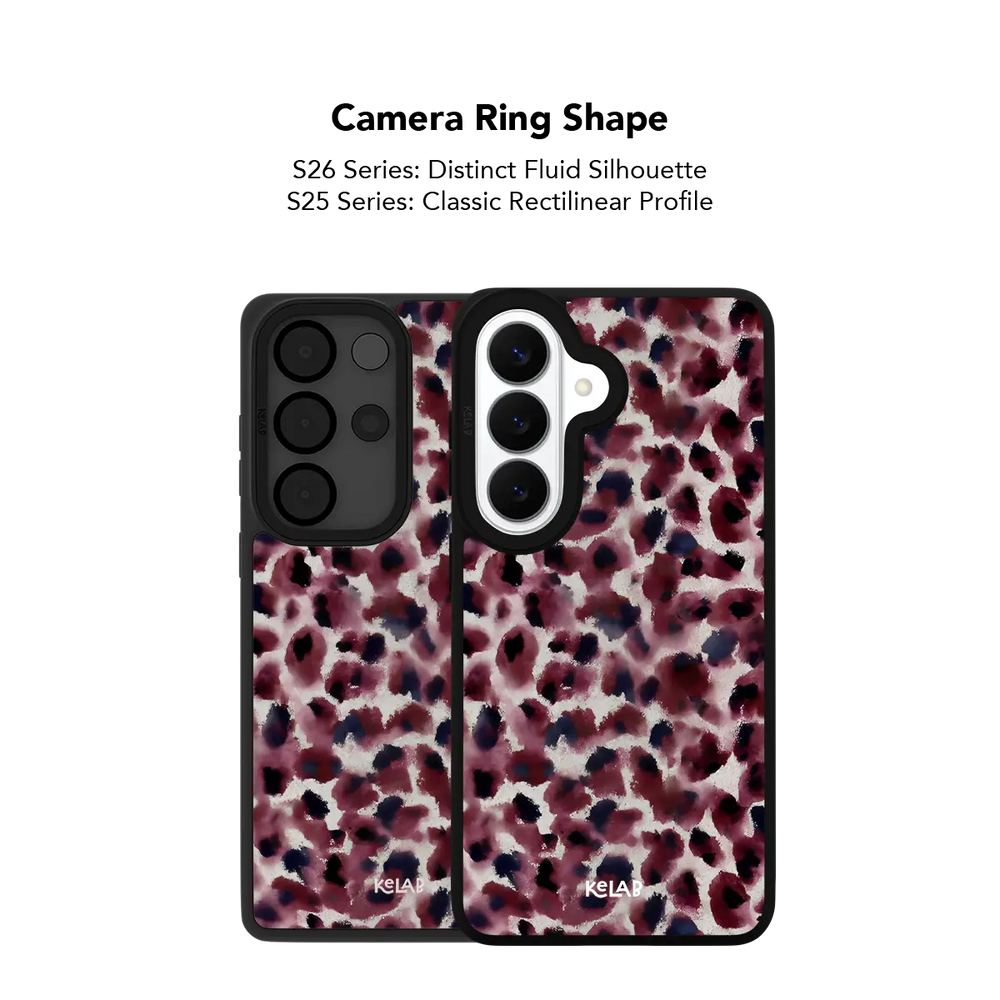 Close up of the camera ring cutout on the Bitten dark red cheetah print Samsung Galaxy case.