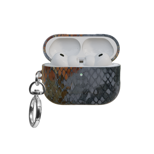 Brown Snake Print airpods pro case front view with open lid and keychain
